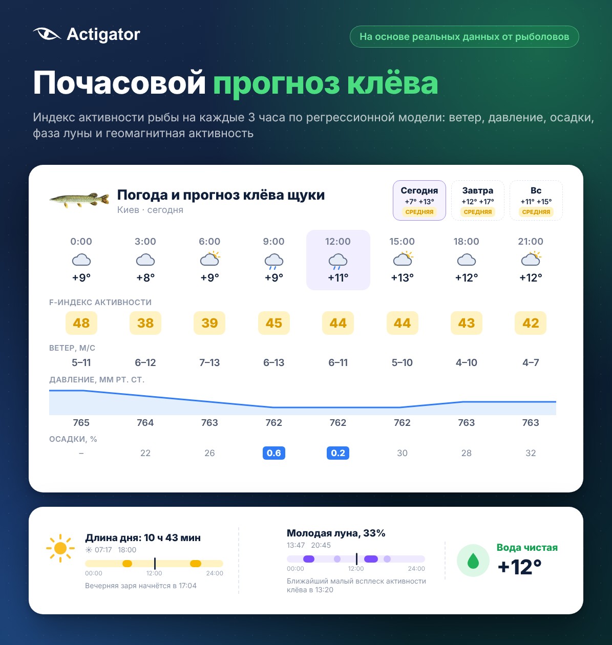 Почасовой прогноз клёва Actigator: F-индекс, ветер, давление и осадки каждые 3 часа
